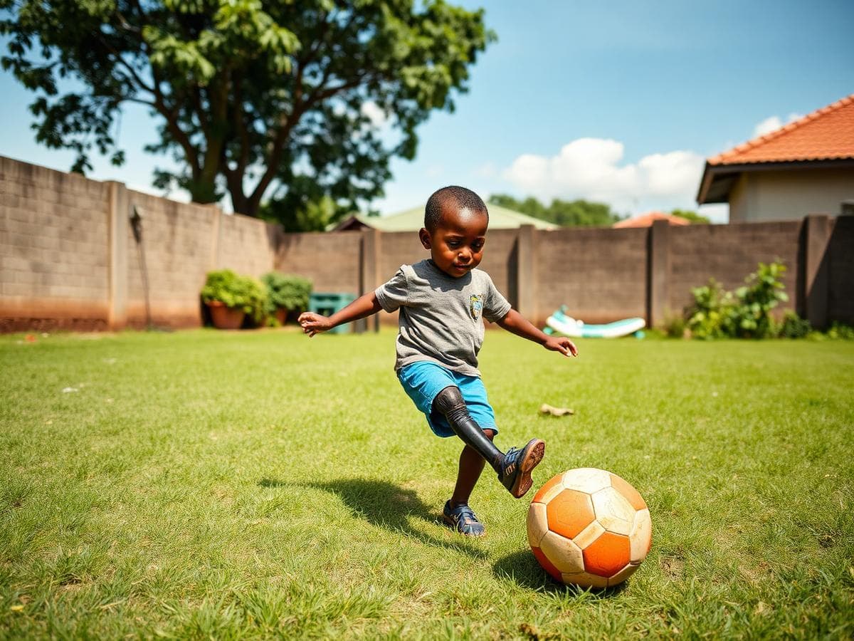 Child with a below-knee prosthetic leg playing football in a yard