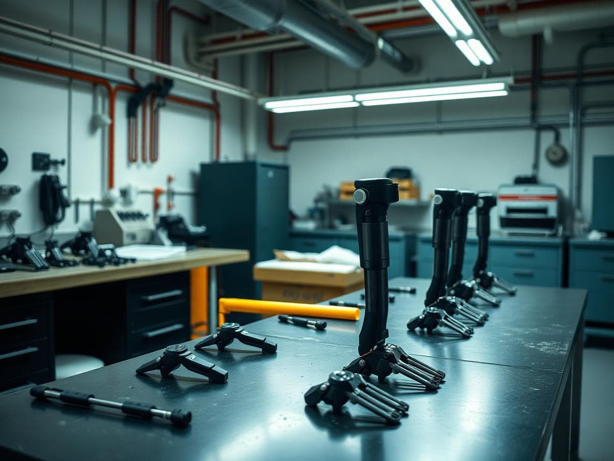 Prosthetic feet, knee joints and pylons arranged on a workshop bench