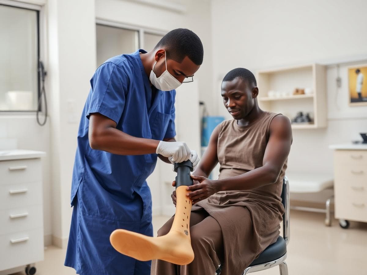 Prosthetist fitting a below-knee prosthetic socket on a seated patient
