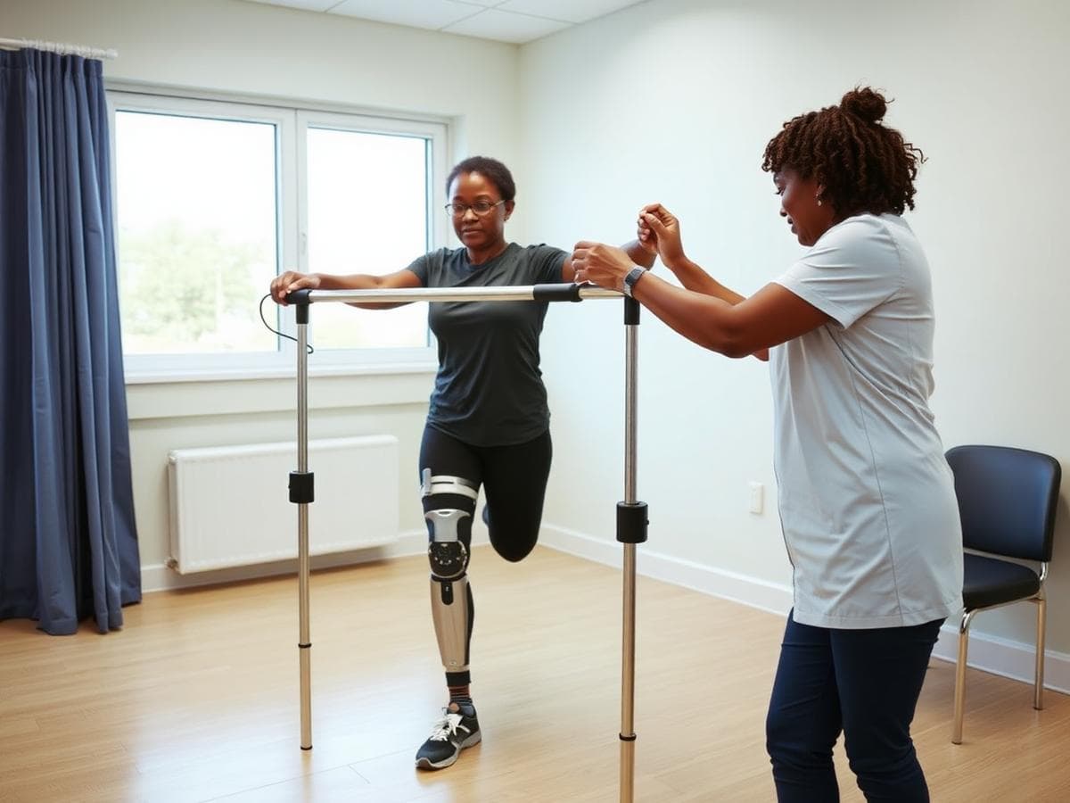Patient using parallel bars for gait training with a physiotherapist