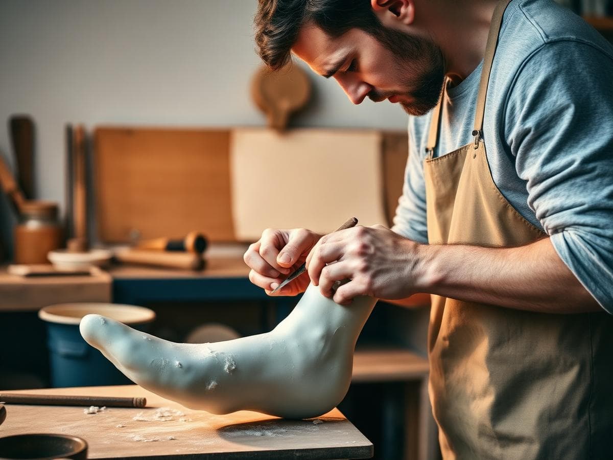 Technician shaping a plaster limb mould with hand tools