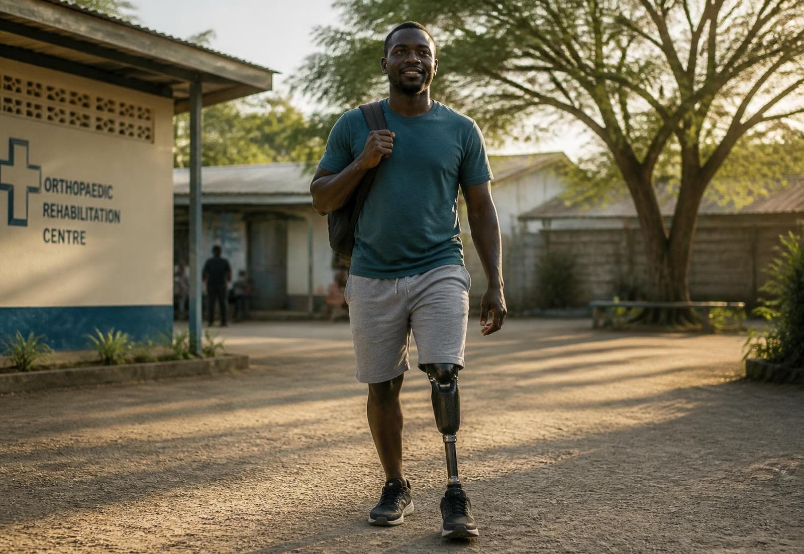 A man walking confidently outdoors with a modern below-knee prosthetic leg